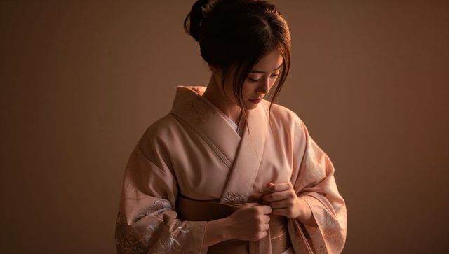 Asian woman adjusting obi sash wearing pale pink silk kimono in soft studio light
