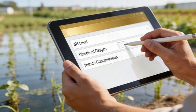 Entering ph, dissolved oxygen and nitrate data on tablet at wetland for environmental monitoring