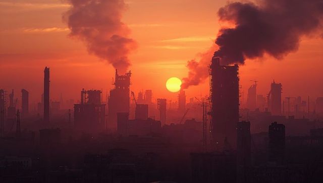 Urban Industrial Landscape with Polluted Sunset Skyline