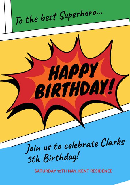 Vibrant comic book style birthday invitation perfect for children's party. Features dynamic burst highlighting birthday message, ideal for kids who love superheroes. Great for birthday party invitations, event flyers, and celebration announcements.