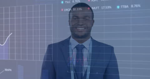 Business Professional Smiling with Digital Financial Data Overlay