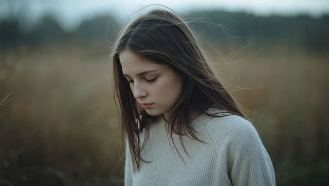 Pensive teen girl standing in windy autumn meadow wearing cozy ribbed sweater, soft light