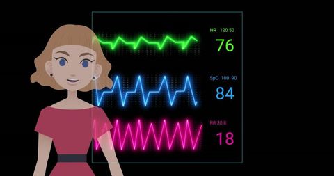 Female avatar presenting neon vital signs monitor with heart rate spo2 respiratory readouts