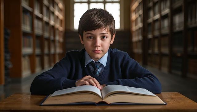 Focused schoolboy learning in library with open book