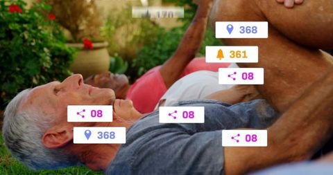 Active seniors stretching on lawn holding knee with social media notification overlays