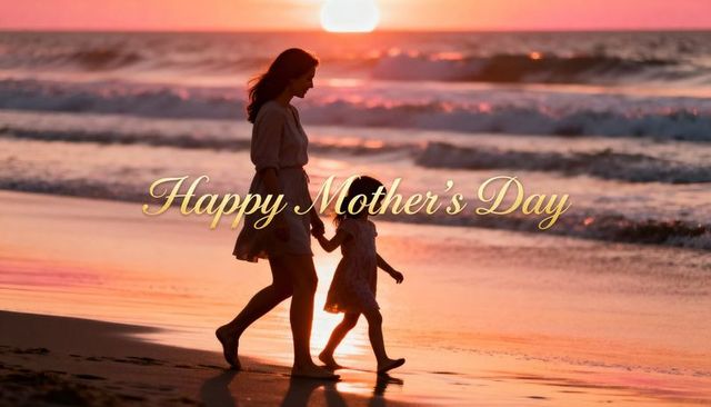 Mother and daughter walking hand in hand on sunset beach with gold mother's day greeting