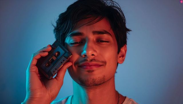Young man listening to vintage cassette with neon moody lighting retro nostalgia portrait