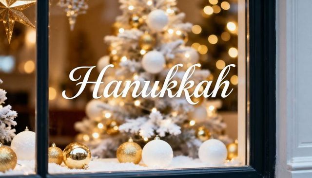 Hanukkah Window Display Featuring Flocked Evergreen with Gold and White Ornaments