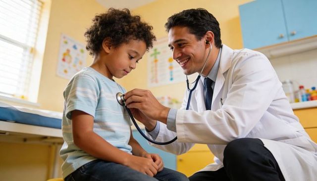Pediatrician Listening to Child Heart with Stethoscope During Clinic Exam, Smiling Doctor