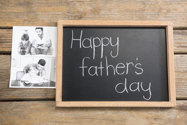 Ideal for Father's Day greeting cards, social media posts, and blog articles celebrating fathers. The combination of a handwritten message on a chalkboard and family photos creates a warm, nostalgic feel perfect for honoring dads.