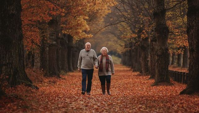 Senior Couple Walking Hand-in-Hand Through Autumn Tree-Lined Path Covered in Fallen Leaves
