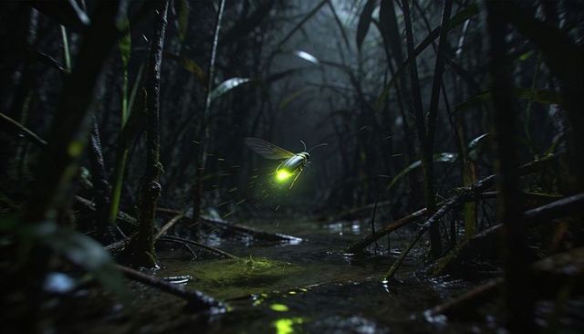 Bioluminescent firefly hovering over misty marsh channel, glowing in tangled roots