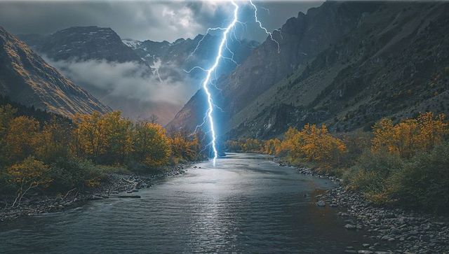 Dramatic lightning strike over majestic mountain river during storm