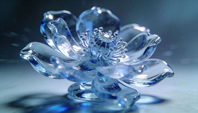 Glinting blue glass lotus sculpture showcasing translucent petals and reflective stamen