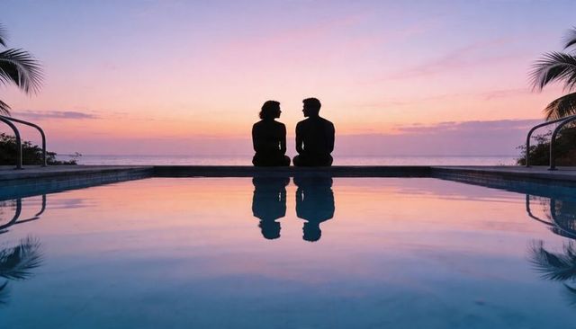 Couple silhouettes watching pastel sunset over oceanfront pool reflecting tropical romance