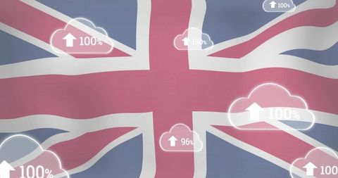 Union jack and digital cloud upload symbols
