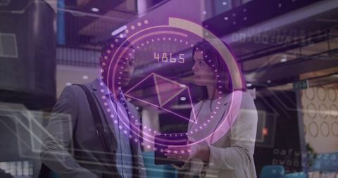 Business professionals discussing augmented reality HUD on tablet in corporate atrium