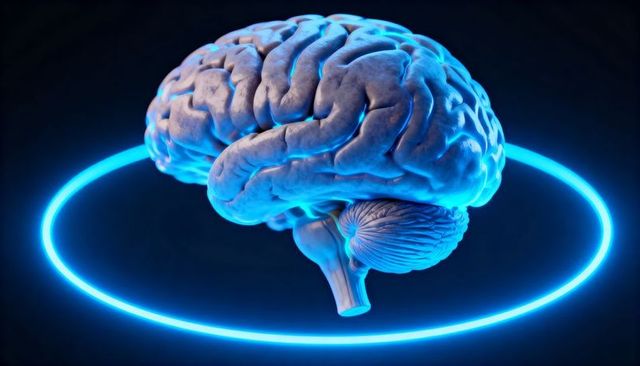 Floating 3D Brain Hovering Over Neon Blue Ring Futuristic Neural Technology Concept
