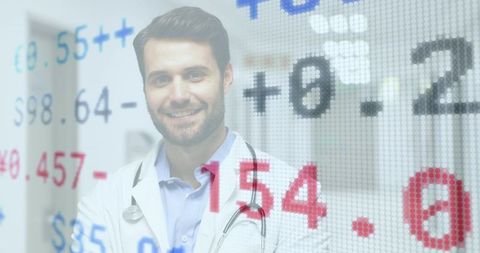 Smiling doctor with financial data overlay representing healthcare economics