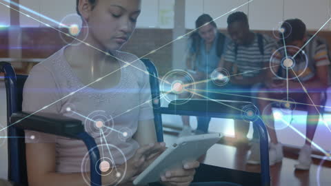 Diverse Student Using Tablet with Digital Connections Overlaid