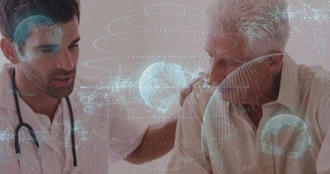 Doctor consulting senior with global technology interface in clinic