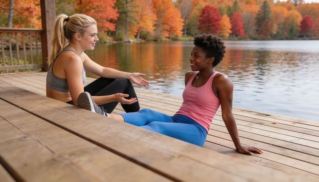 Two women talking on wooden dock by lake with autumn foliage after workout
