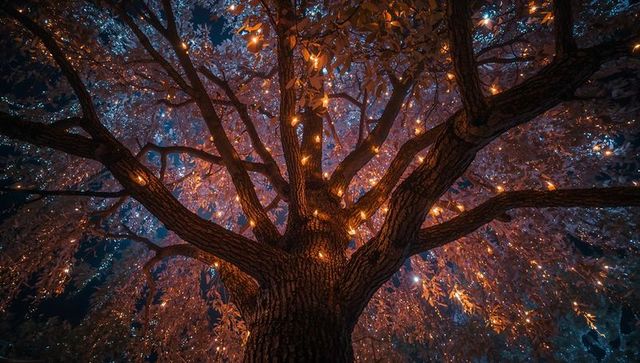 Enchanting Lit Tree in Night Garden Environment