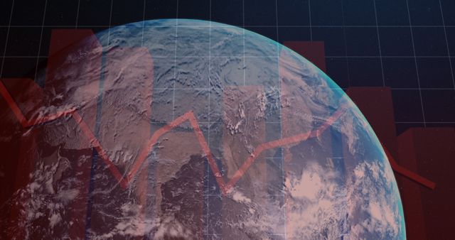 Depiction of global stock market trends with Earth's image overlaid by declining financial graph, highlighting economic downturn. Useful for illustrating global economic issues, financial news, research articles, and business presentations.