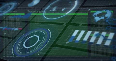 Holographic Cyber Dashboard Displaying Virtual Grid, Radar Rings and Global Data Viz