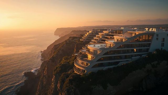Sunset-lit terraced oceanfront resort with curved glass balconies perched on dramatic cliff