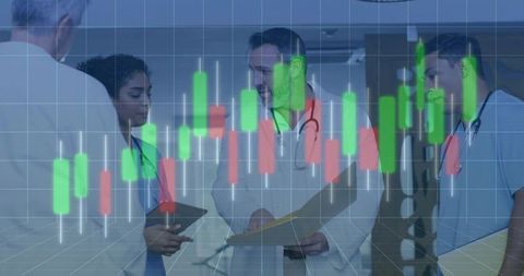 Medical team discussing candlestick chart overlay for healthcare finance in hospital