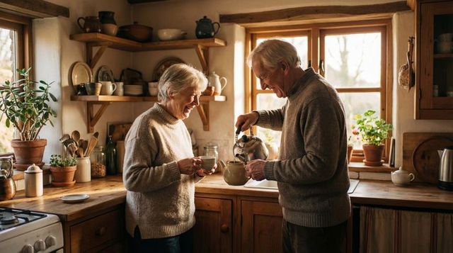 Senior couple sharing tea in sunlit rustic kitchen pouring teapot warm morning