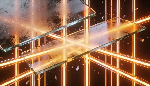 Floating tempered glass panels reflecting neon orange grid light and sparks futuristic