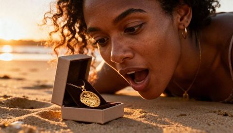 Woman discovering ornate gold locket in open jewelry box on sunlit beach at sunset