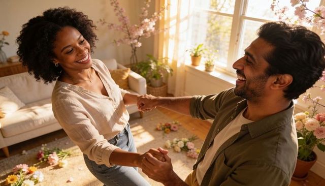 Sunlit couple dancing and smiling on rug among scattered petals in cozy living room