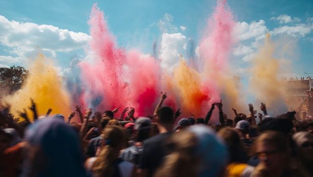 Energetic crowd celebrating at colorful festival with powder burst