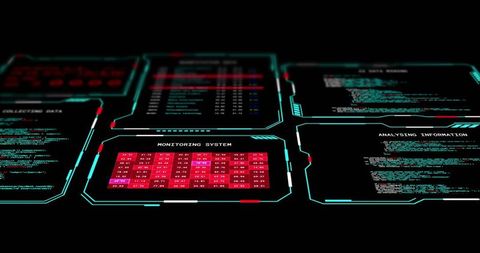 Futuristic neon HUD displaying red heatmap grid and cyan cyberpunk monitoring dashboard