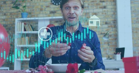 Man Proposing Amidst Investment and Healthcare Infographics - Download Free Stock Images Pikwizard.com
