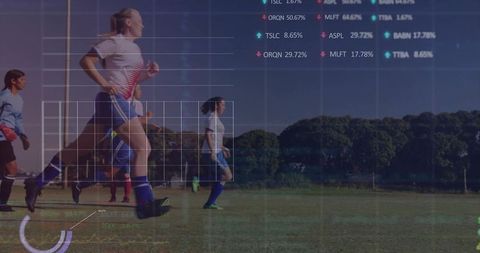 Female Soccer Player Leading in Field with Data Analytics Overlay