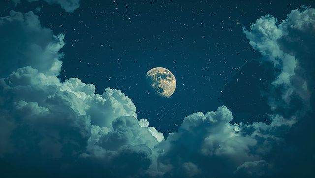 Moon Illuminating Clouds in Starry Night Sky