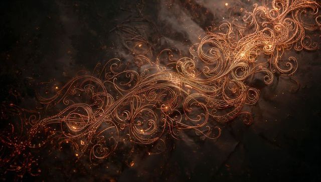 Shimmering copper-gold filigree band flowing diagonally across dark matte backdrop in motion