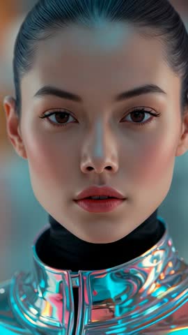 Model receiving camera cue, shifting expression in soft-lit studio while wearing iridescent reflecti