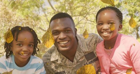 Happy military father with children enjoying autumn