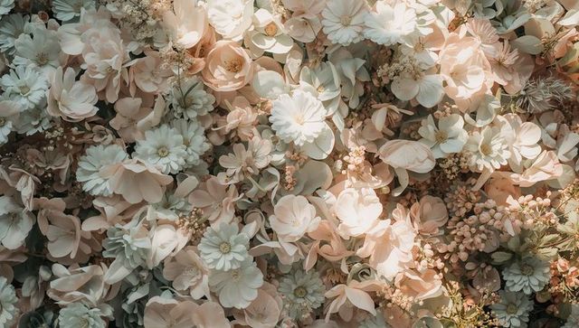 Pastel floral carpet creating romantic soft-light backdrop with large blooms and daisies