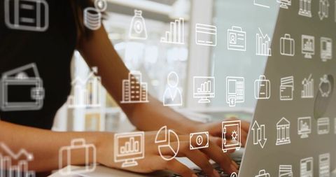 Woman typing on laptop with finance icons and analytics overlay for fintech