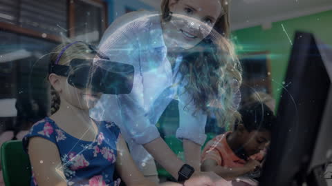 Teacher Assisting Students in Virtual Reality Classroom