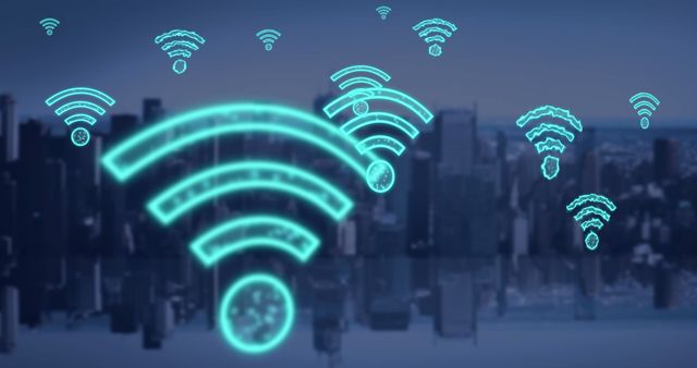 Concept of internet and global connectivity with glowing WiFi symbols over a city skyline. Perfect for illustrating digital communication, networking solutions, and modern urban technologies.