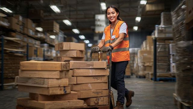 Female Warehouse Worker Moving Goods with Pallet Jack