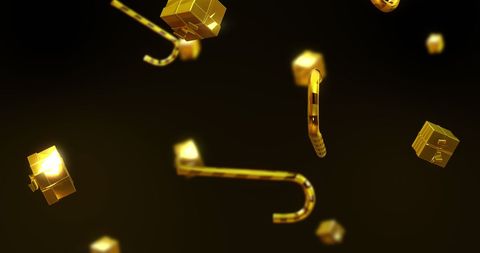 Floating Gold Presents and Candy Canes on Black Background