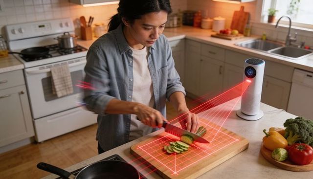 Woman chopping cucumber using laser-guided smart kitchen projector with ar cutting grid